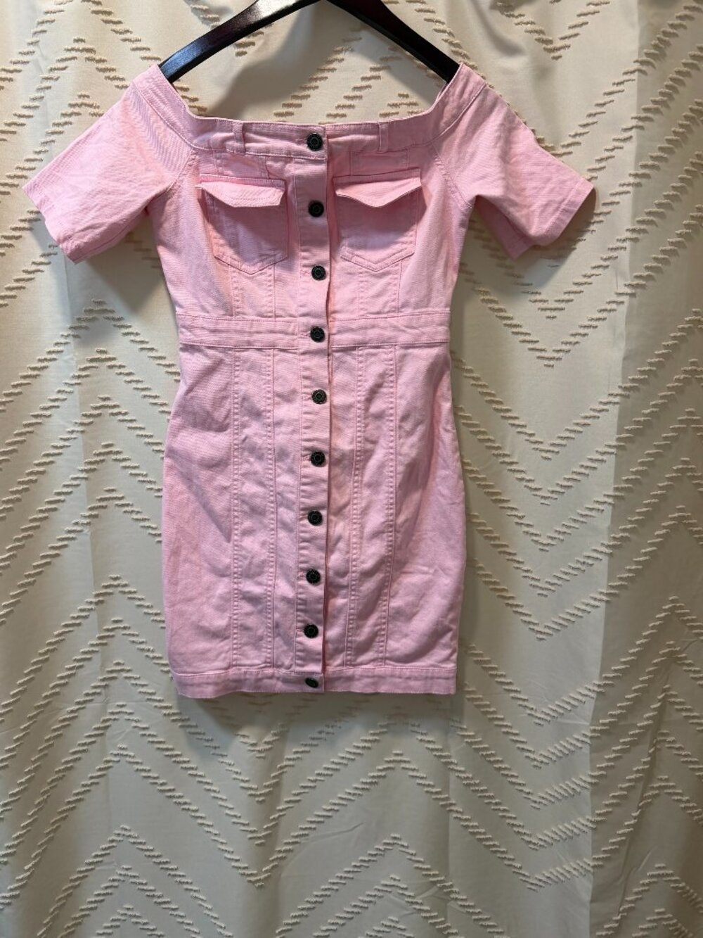 MEBON Machine Jeans Denim Dress Pink Off Shoulder Button Front Mini
